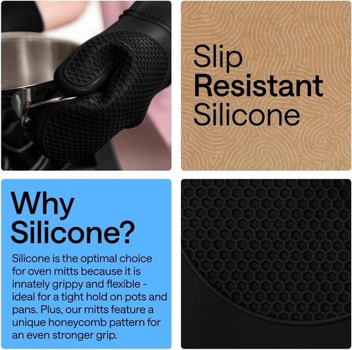 GORILLA GRIP Silicone Oven Mitts - BPA-Free, Heat Resistant, Waterproof | Set of 2, Black, 14.5x8.3 Inches