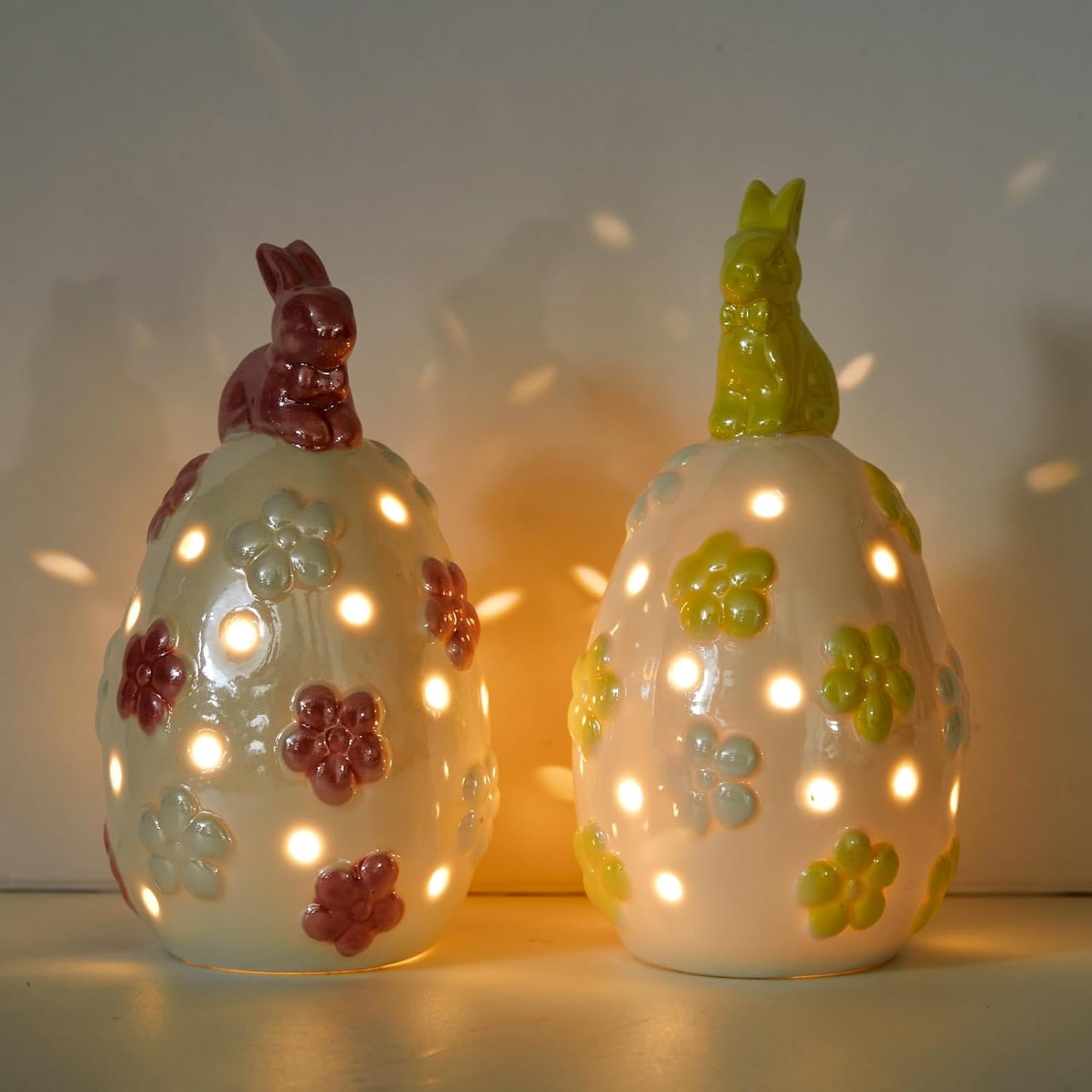 WDS WONDROUS Light Up Easter Decorations - LED Bunny & Egg Figurines Set | White Ceramic Spring Decor (2PCS)