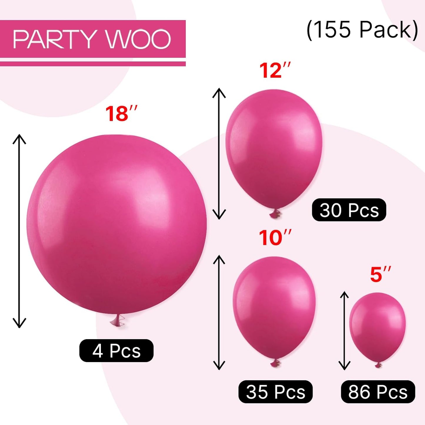 PartyWoo Hot Pink Balloon Arch Kit - 155 Pcs in Various Sizes for Baby Showers & Birthdays | Magenta Fuchsia