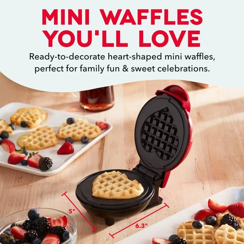 Dash Mini Waffle Maker - Creative Nonstick Waffle Iron with Unique Heart Design - Red Color