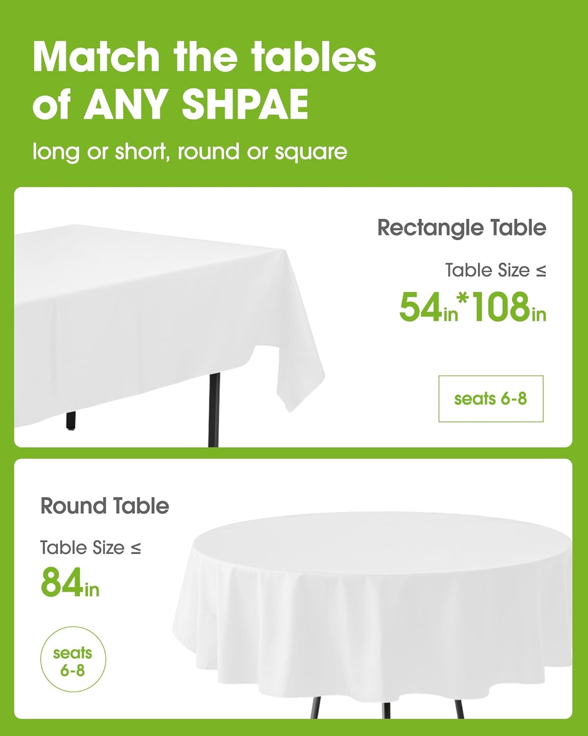 Pureegg 8-Pack White Disposable Tablecloths & 100 Heavy-Duty Black Plates | BPA-Free, Leakproof, Ideal for Parties & Picnics