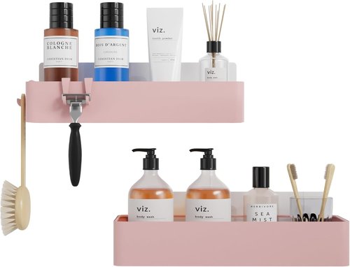 Kitsure Shower Caddy | 2 Pack Adhesive Organizer - Rustproof Metal Shelves, No-Drill, Large, Pink
