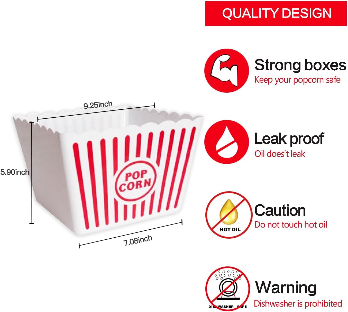 Novelty Place Classic Red & White Striped Popcorn Containers - Perfect for Movie Night, 9.25" Square x 5.9" Deep