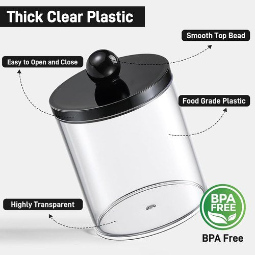 Clear & Black Acrylic Qtip Holder Dispenser | 4 Pack Cotton Swab Storage Canister Set - Bathroom Essentials