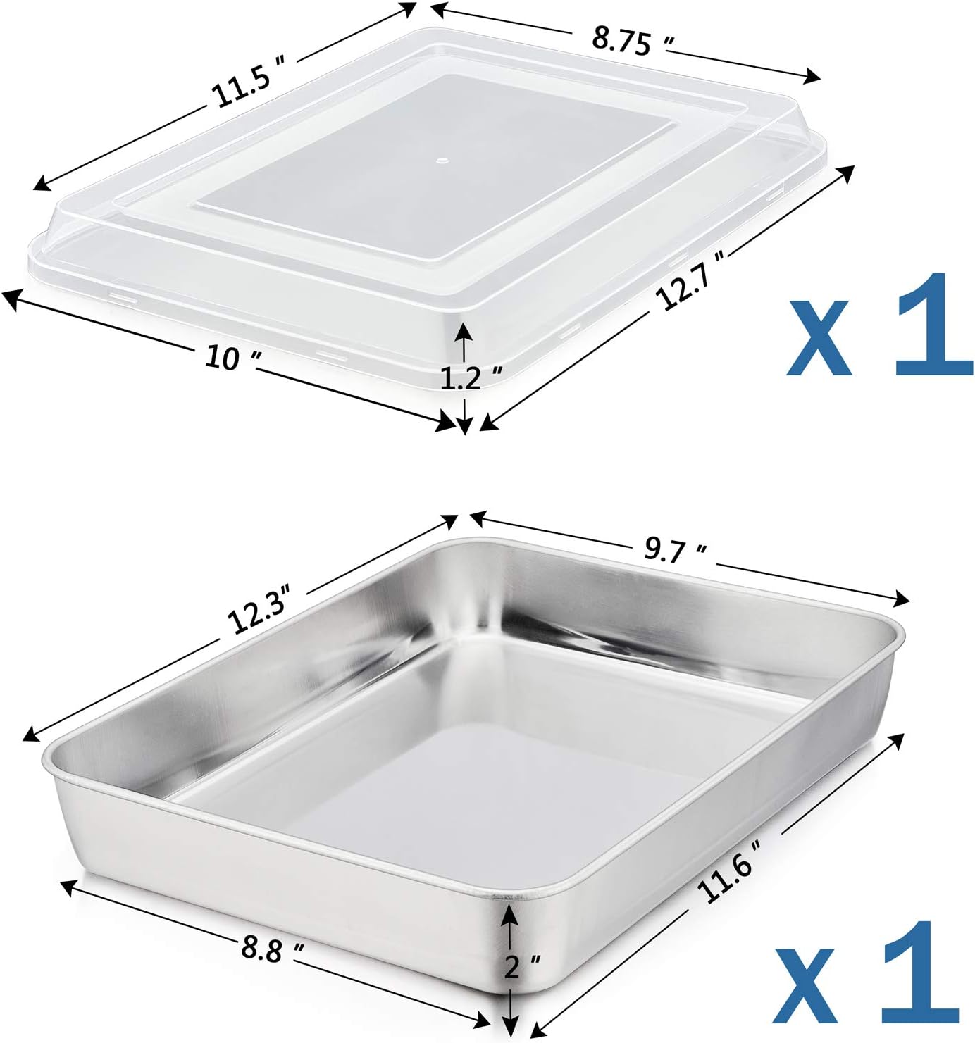 P&P CHEF Stainless Steel Baking Pan Set - Heavy-Duty Rectangular Bakeware with Lid | 12.3-Inch, 2-Piece