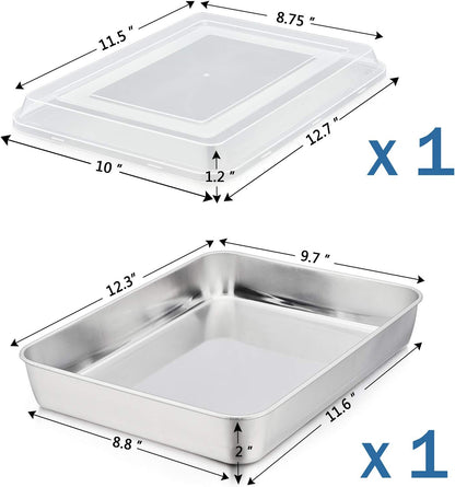 P&P CHEF Stainless Steel Baking Pan Set - Heavy-Duty Rectangular Bakeware with Lid | 12.3-Inch, 2-Piece