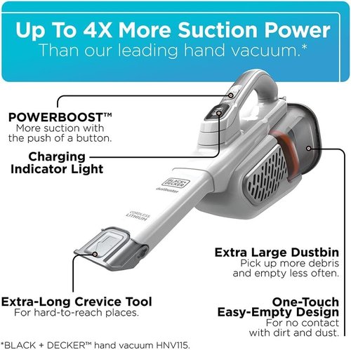 BLACK+DECKER Handheld Vacuum - Cordless & Rechargeable with Powerful Suction | Extended Runtime & Extra Long Crevice Tool