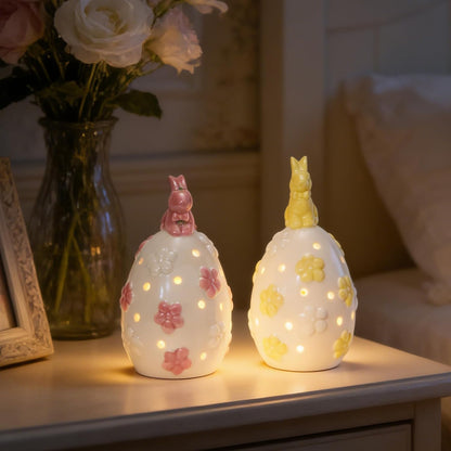 WDS WONDROUS Light Up Easter Decorations - LED Bunny & Egg Figurines Set | White Ceramic Spring Decor (2PCS)