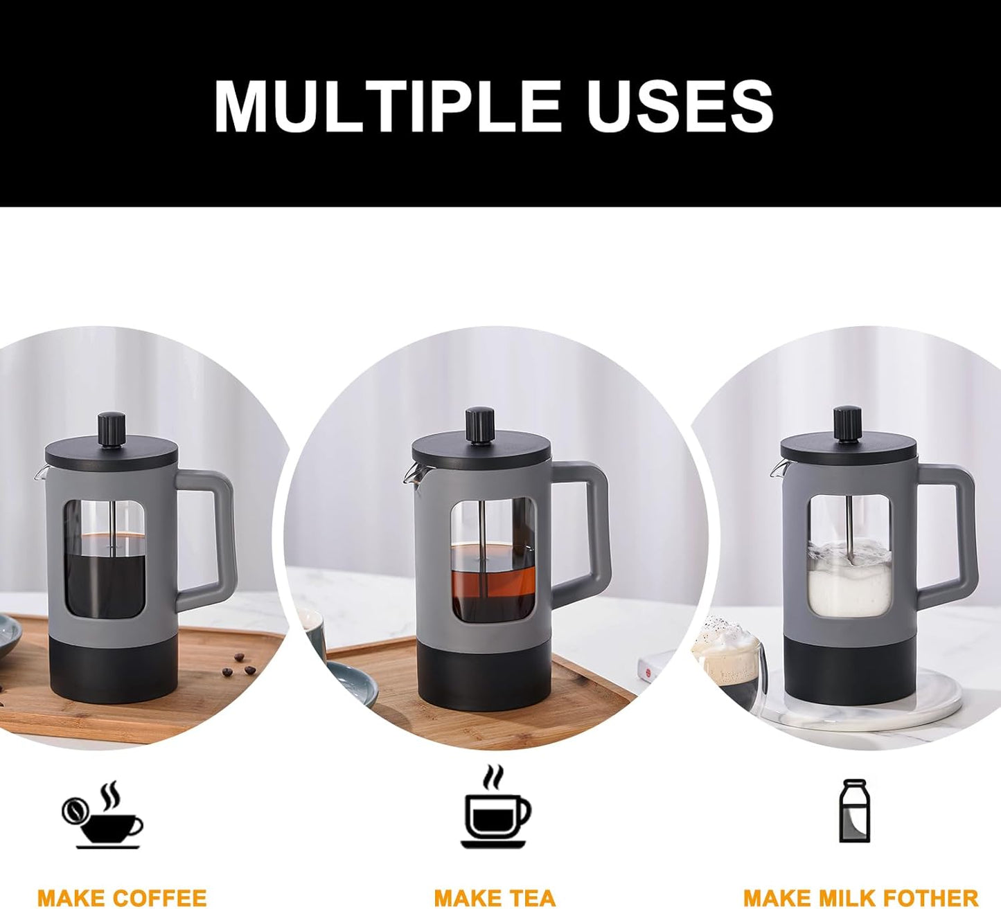 YOLIFE French Press Coffee Maker - 21 oz Heat-Resistant Borosilicate Glass | Portable Grey & Black Design