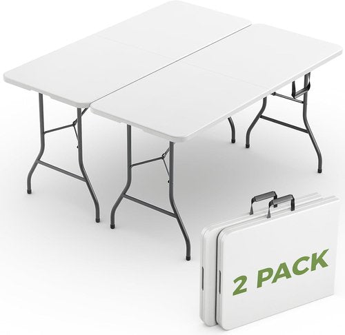 Folding Table 2 Pack - 6 FT Heavy Duty Foldable Plastic Tables with Carrying Handle for Indoor & Outdoor Events
