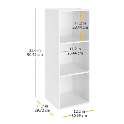 Whitmor 3 Cube Storage Organizer, 3 Tier Stackable MDF Wood Bookcase, Open Storage Display Bookshelf, Storage Cabinet for Living Room, Bedroom, Home, Office, 12.2" L x 11.7" W x 35.6" H, White