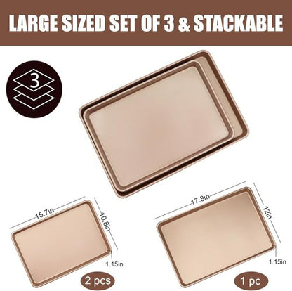 3-Pack Nonstick Carbon Steel Baking Sheet Set - Heavy Duty 0.8mm Cookie Sheets | Large 17.8"x12" & Medium 15.7"x10.8" for Oven & Roasting