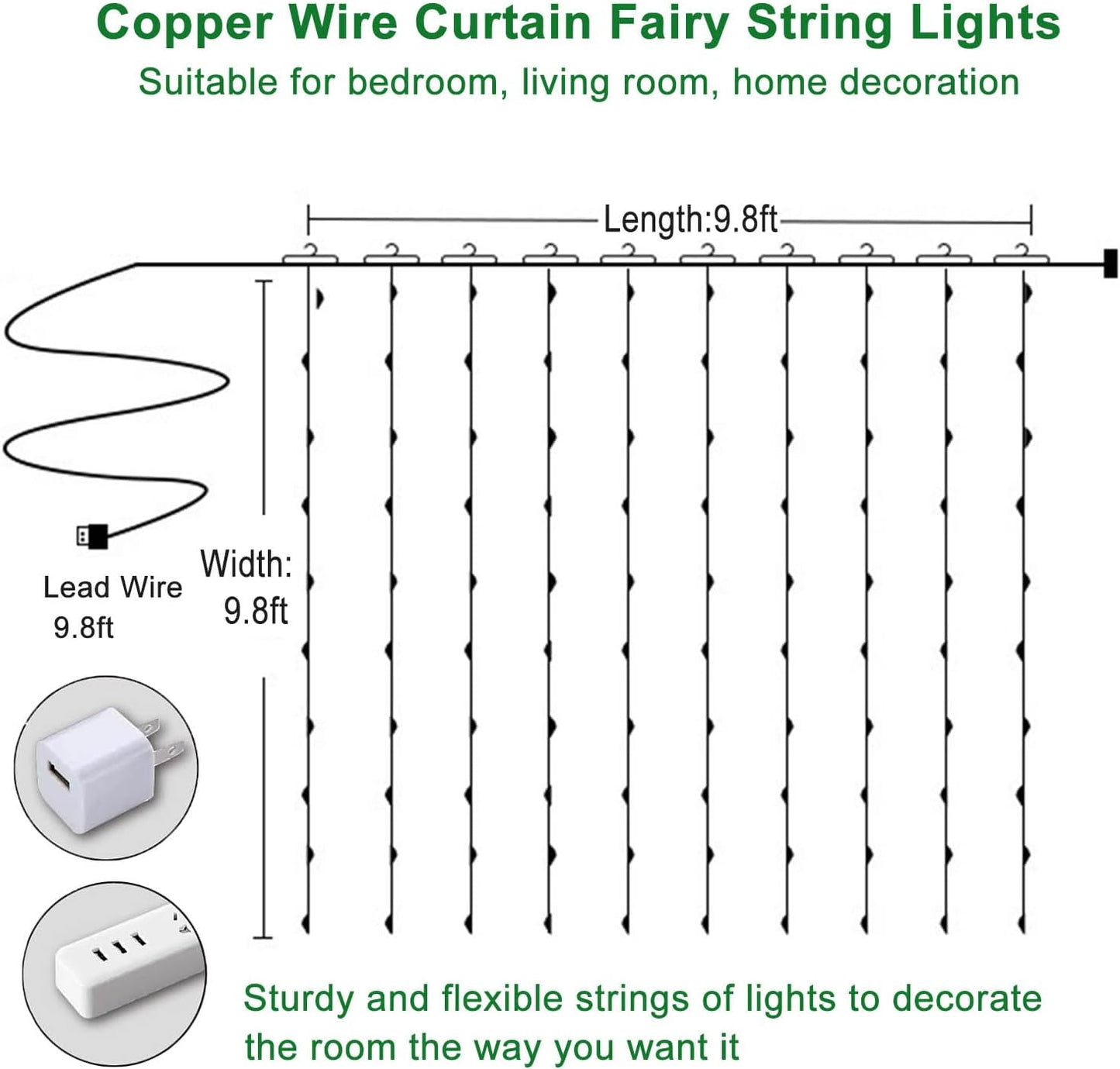 Skiennix 300 LED Curtain String Lights - 8 Light Modes | 9.8x9.8Ft Remote USB Plug Fairy Lights for Indoor & Outdoor Decor