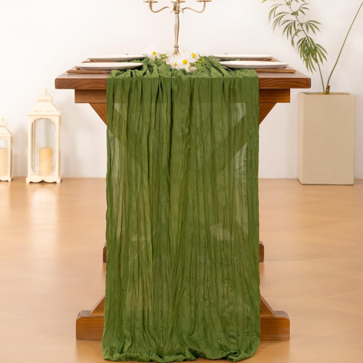 Socomi Cheesecloth Table Runner - 120 Inch Boho Rustic Green for Easter, Weddings & Home Decor