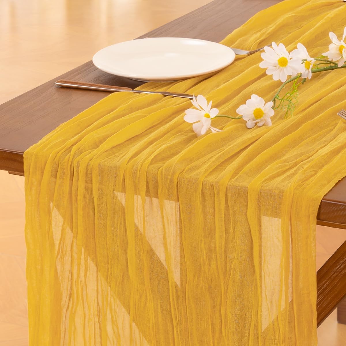Socomi Cheesecloth Table Runner - 3pcs Gold Yellow Boho Rustic Design | 120 Inch for Weddings & Parties