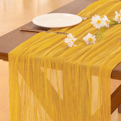 Socomi Cheesecloth Table Runner - 3pcs Gold Yellow Boho Rustic Design | 120 Inch for Weddings & Parties