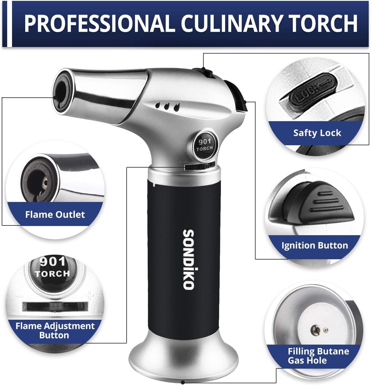 Sondiko Butane Torch - Refillable Kitchen Torch Kit with Premium Fuel Refill | Ideal for Soldering & Cooking