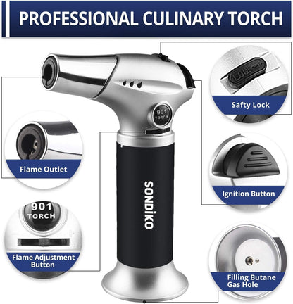 Sondiko Butane Torch - Refillable Kitchen Torch Kit with Premium Fuel Refill | Ideal for Soldering & Cooking
