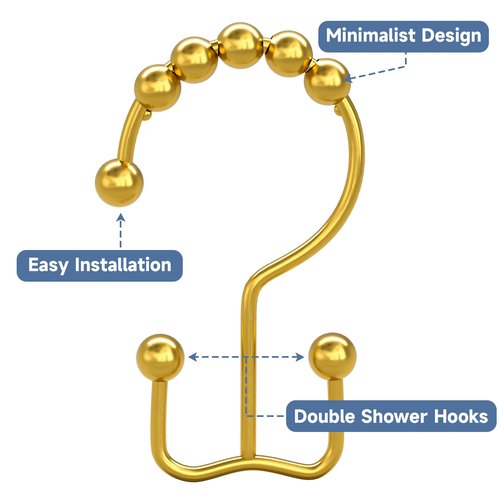 Titanker Shower Curtain Hooks Rings Gold, Metal Double Glide Shower Hooks Rings for Bathroom Shower Rods Curtains, Set of 12 Hooks - Dark Gold