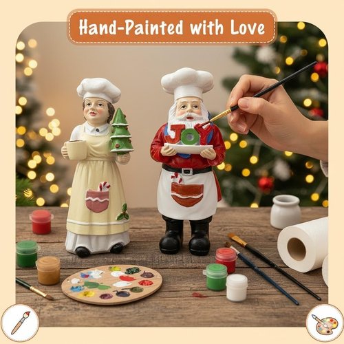 iStatue Chef Santa & Mrs. Claus Figurines Set | 5'' Hand-Painted Resin Holiday Decor - Perfect for Kitchen & Gifting