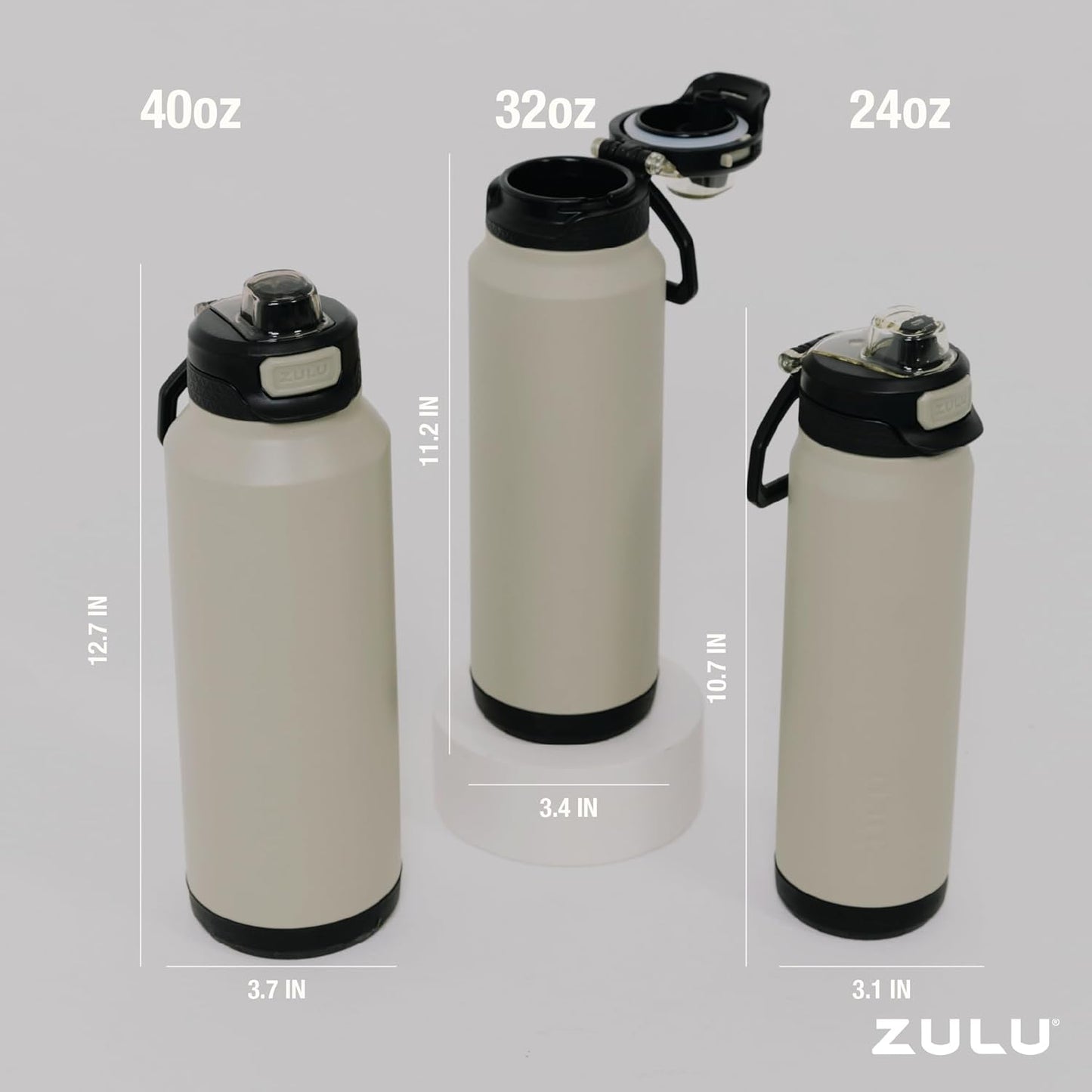 ZULU Powerfill Pro 32oz Stainless Steel Water Bottle - Quick Fill Lid, Triple Walled Insulation, Leak Proof, Ash
