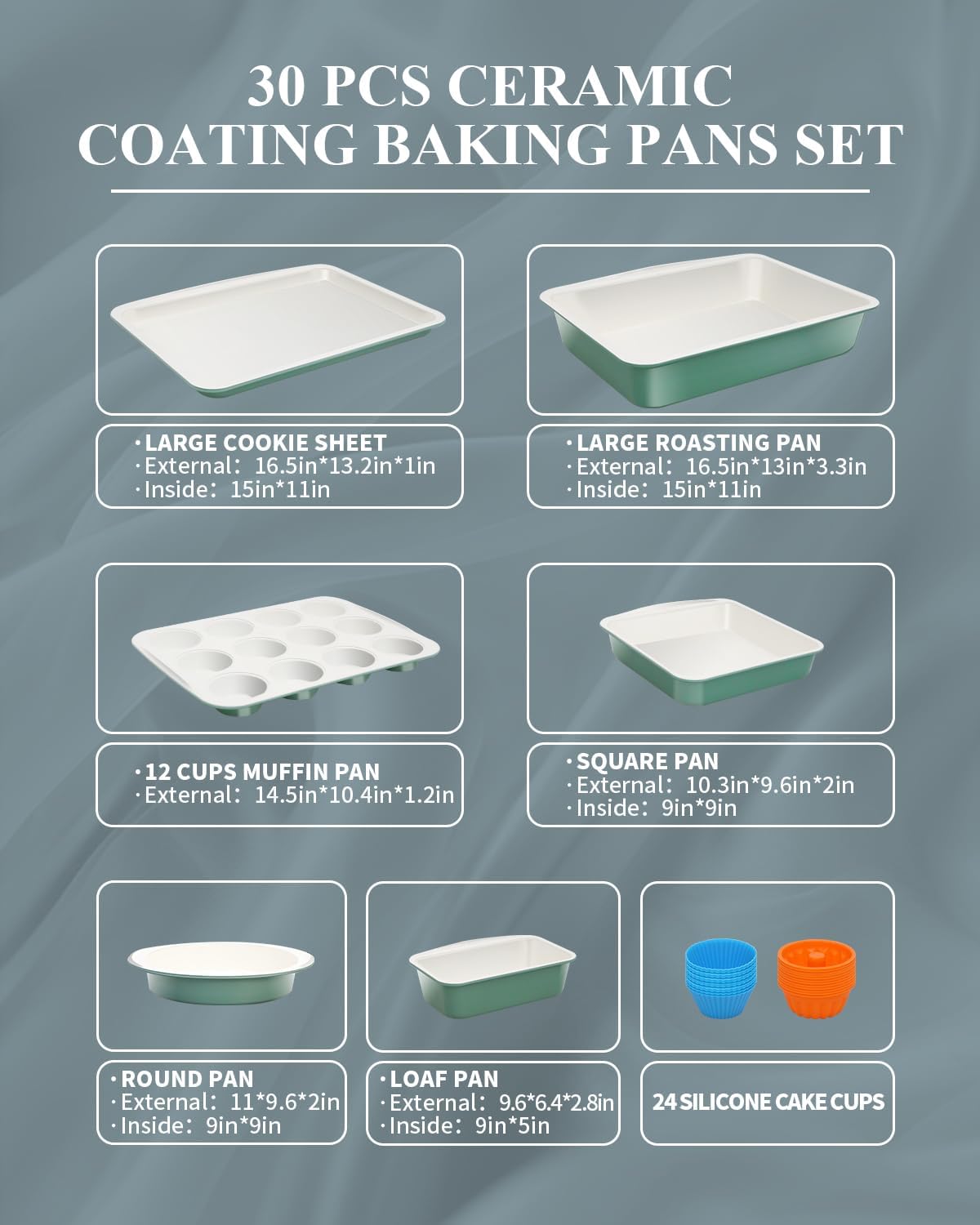 Skiennix Ceramic Nonstick Baking Pans Set - 30 PCS Stackable Bakeware, 550°F Oven Safe, Dishwasher Safe, Green