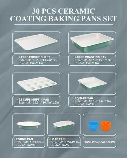 Skiennix Ceramic Nonstick Baking Pans Set - 30 PCS Stackable Bakeware, 550°F Oven Safe, Dishwasher Safe, Green
