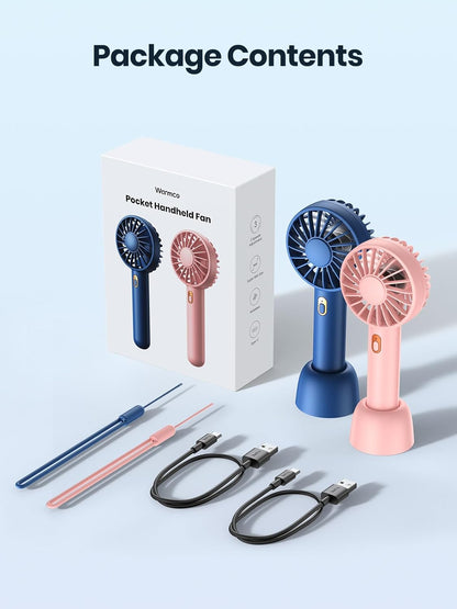 Warmco Mini Portable Fan 2-Pack | 3-Speed Rechargeable Handheld & Desk Fans for Travel & Summer (Blue & Pink)