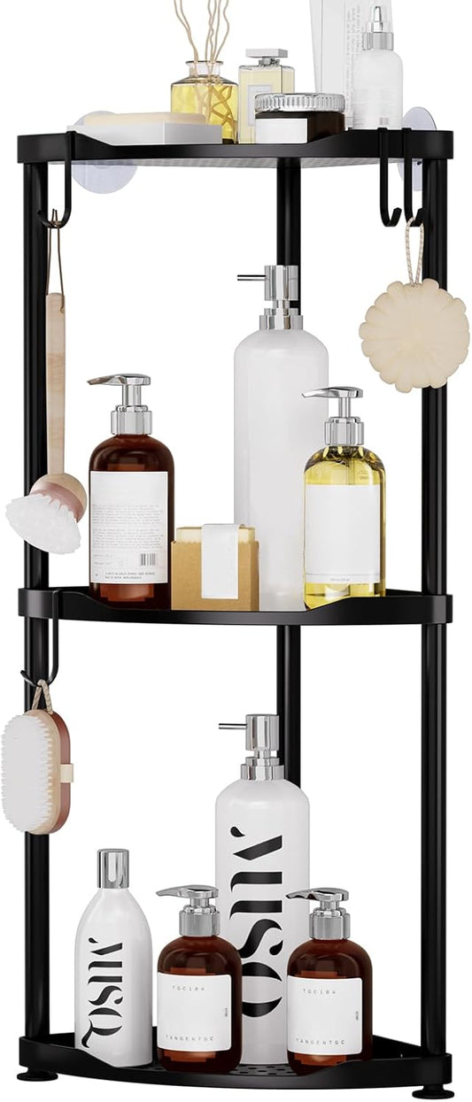 SWTYMIKI Corner Shower Caddy - 3-Tier Stainless Steel Organizer Stand with 4 Hooks | Rustproof Black Finish