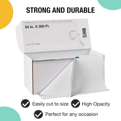 Party Solids | 54-Inch X 300-Feet White Plastic Table Cover Roll - Convenient Slide Cutter Included