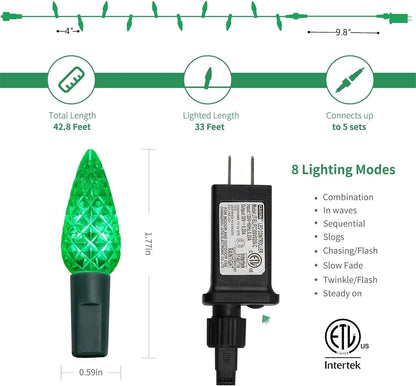 WATERGLIDE C6 33ft LED Faceted String Lights - 100 Waterproof Fairy Lights for Indoor/Outdoor Decor | Red & Green