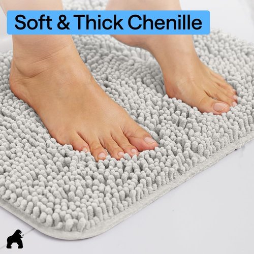 GORILLA GRIP Bath Rug Mat - Soft Absorbent Chenille | Quick-Dry Microfiber, 44x26, Light Gray