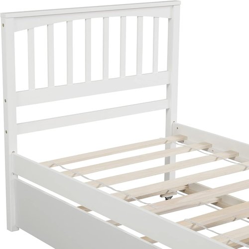 LostCat Twin Size Bed Frame - Solid Pinewood with Trundle & Headboard | No Box Spring Needed, White