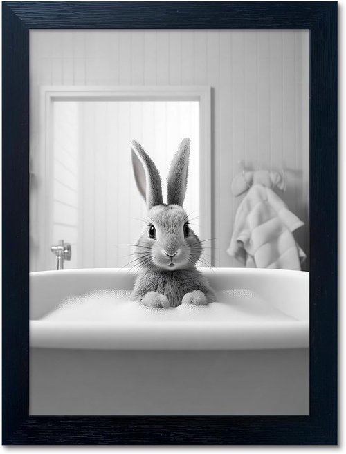 Funny Kids Bathroom Wall Decor - Black Framed Rabbit in Bathtub Canvas Art for Cute Farmhouse Style