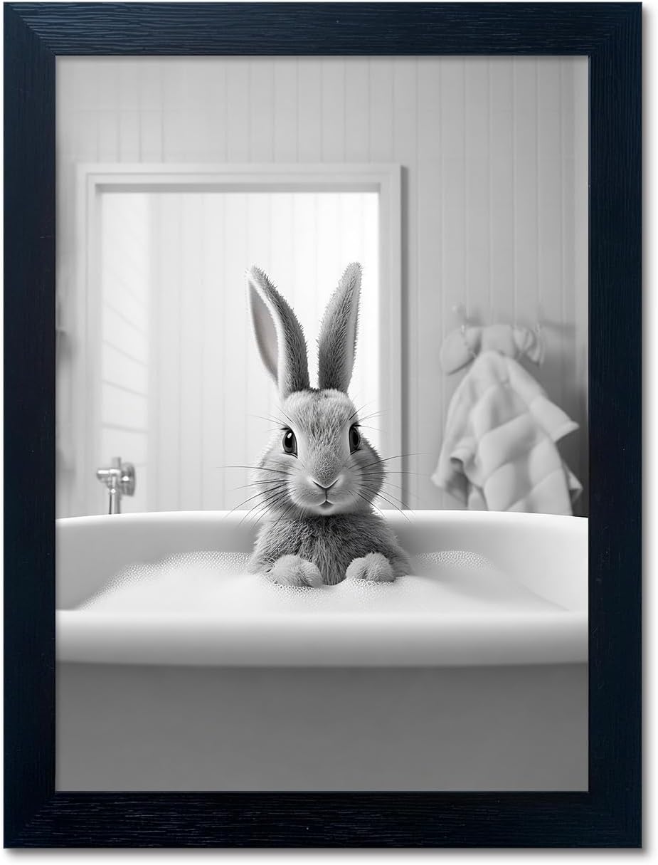 Skiennix Kids Bathroom Wall Art - Cute Black and White Rabbit Canvas Print | Fun Bathtub Decor