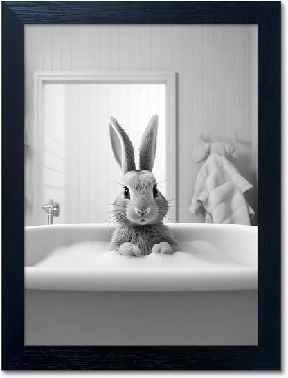 Skiennix Kids Bathroom Decor - Cute Black and White Animal Canvas Wall Art | Funny Rabbit in Bathtub