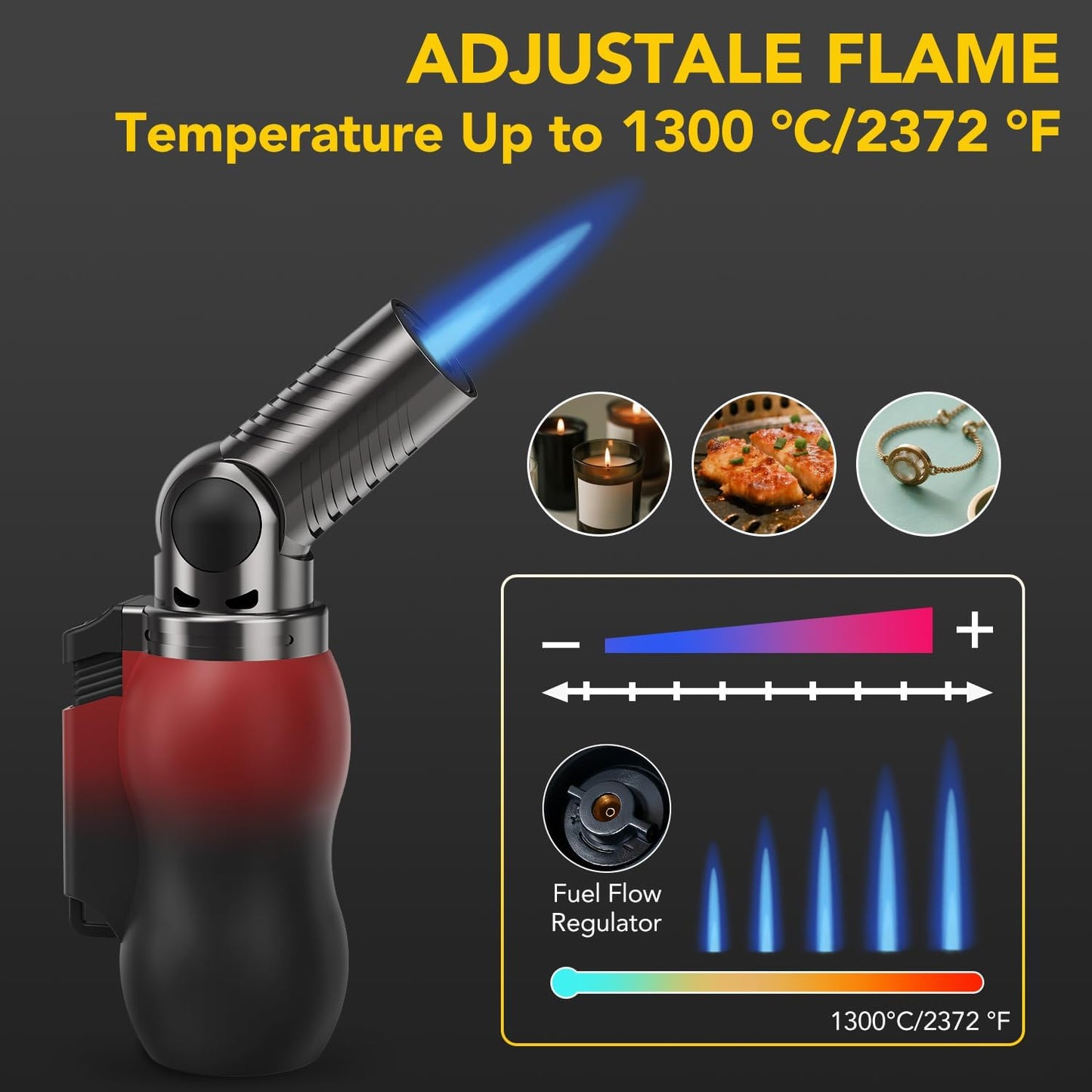 TBTeek Torch Lighter - Portable Kitchen Torch with 45° Rotatable Head & Adjustable Flame | Red-Black