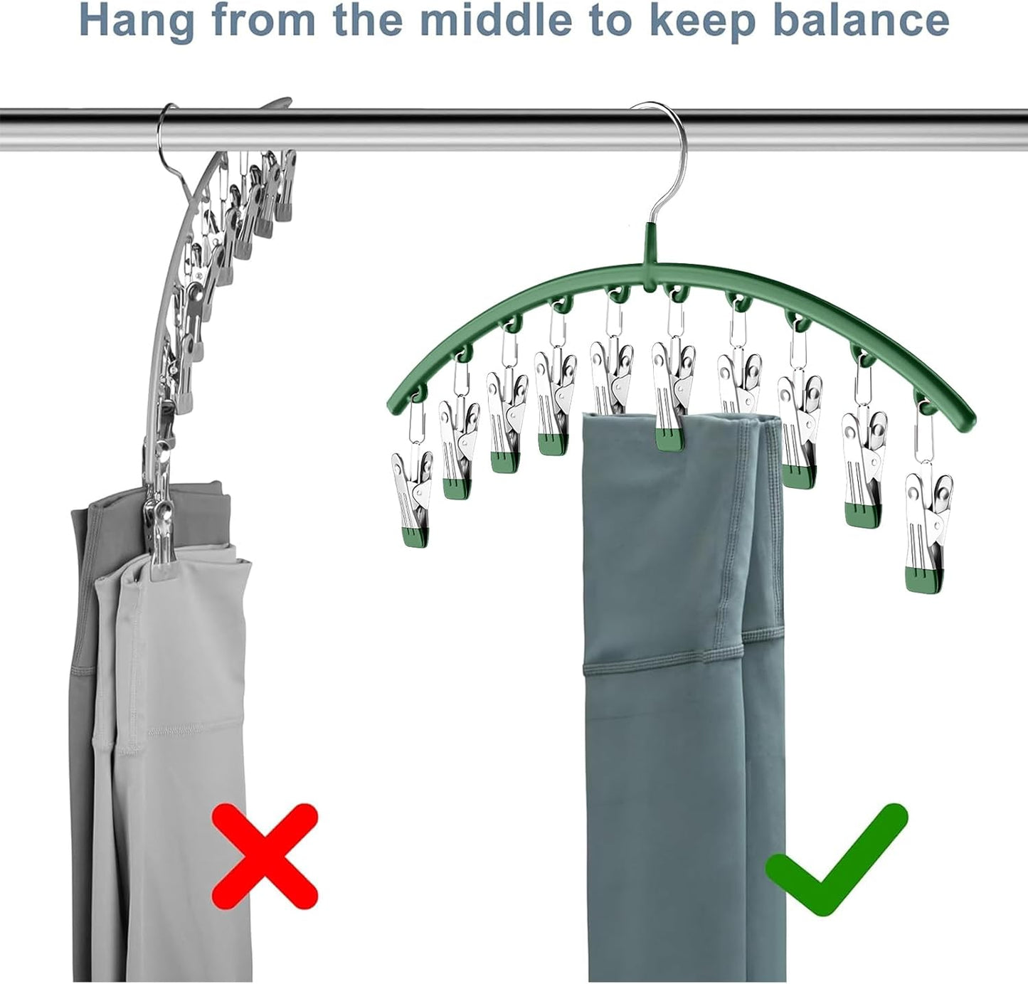 Skiennix Legging Organizer - Metal Yoga Pants Hangers with 10 Clips for Space-Saving Storage | Green