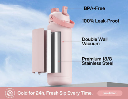 POWCAN 32 oz Insulated Water Bottle - 2-in-1 Straw & Spout Lid, Leak-Proof, BPA-Free, Double Wall Stainless Steel - Bow Crush