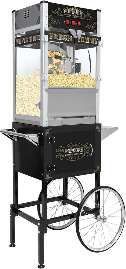 20 Oz Commercial Popcorn Machine - Sleek Black Popcorn Maker with Storage Stand & Wheels