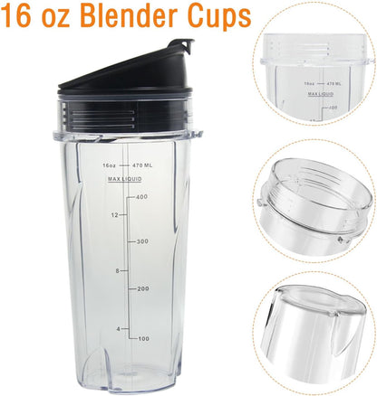 Ninja 16oz Replacement Cups - Compact Personal Blender Single Serve Cup Set | 2 Pack with Seal Lids