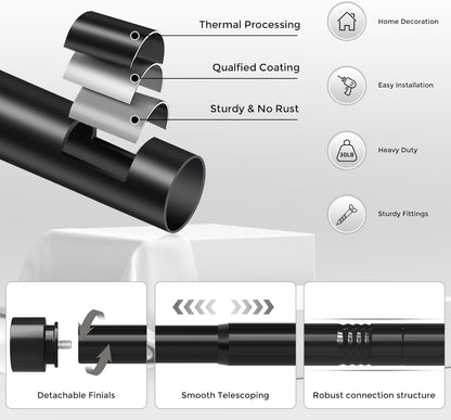 Skiennix Extra Long Curtain Rods - Heavy Duty 1 Inch Adjustable Window Treatment | 36-144 Inch, Black