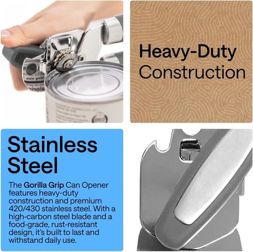 GORILLA GRIP Heavy Duty Can Opener - Stainless Steel, Comfortable Handle, Oversized Knob | Gray