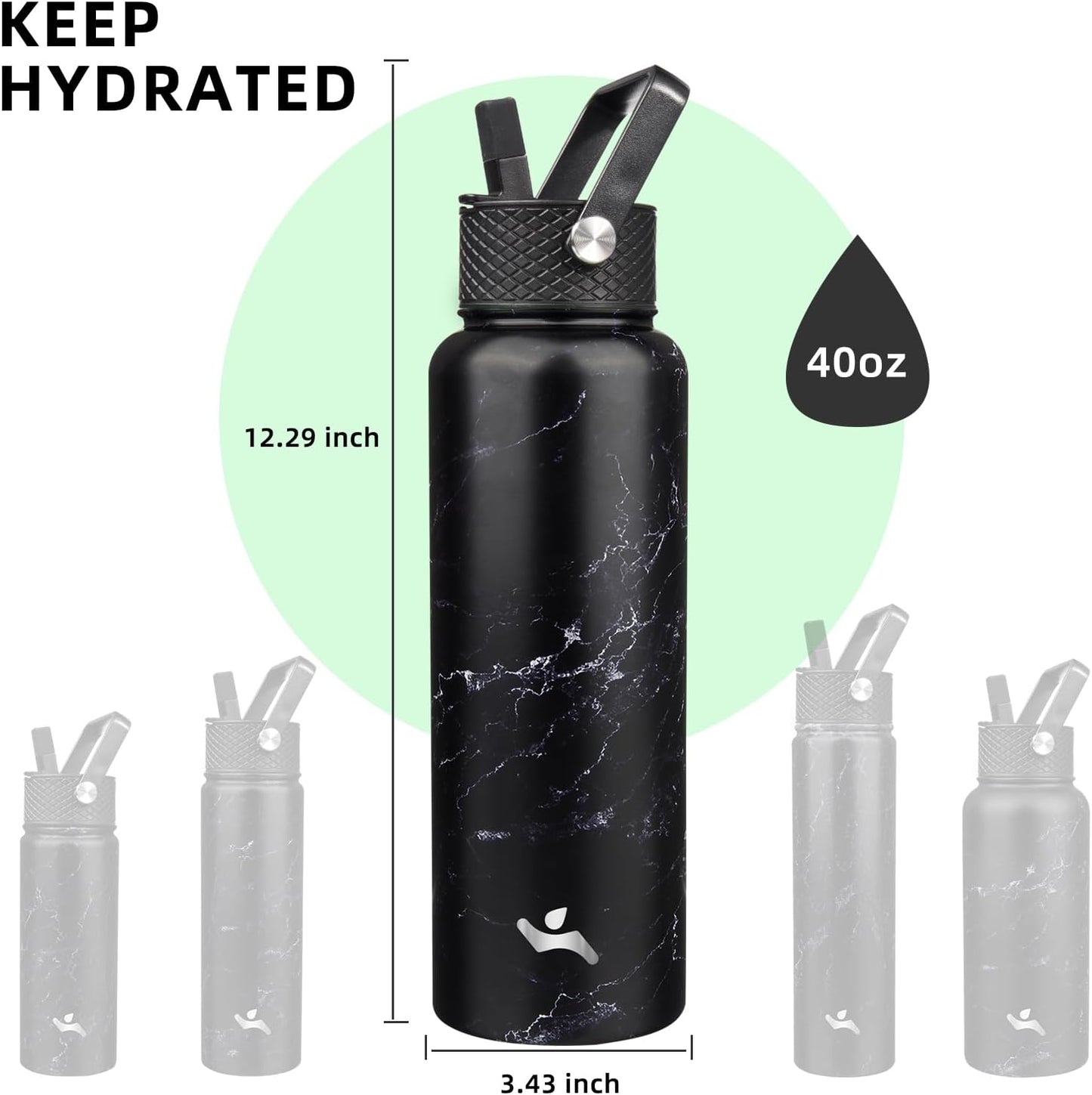 Skiennix 40oz Insulated Stainless Steel Water Bottle - Marble Midnight | 3 Lids Included