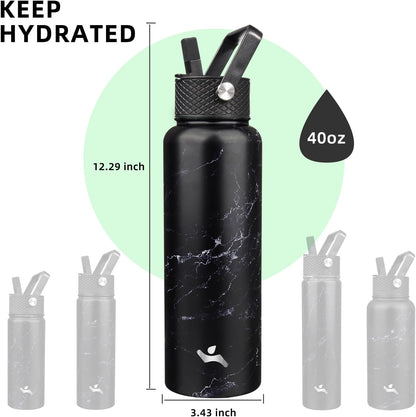Skiennix 40oz Insulated Stainless Steel Water Bottle - Marble Blossom | 3 Lids Included