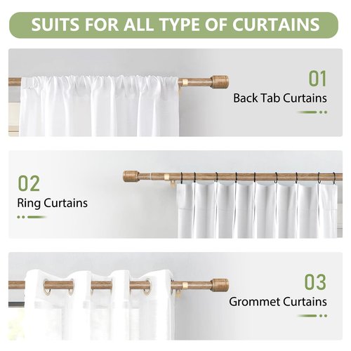 5/8” Diameter Curtain Rods 30-90 Inch, for 30-84 Inch Windows, Adjustable Splicing Wood Grain Curtain Rods for Windows with Brackets, Window Rod Long Small Curtains Rod, 1 Pack