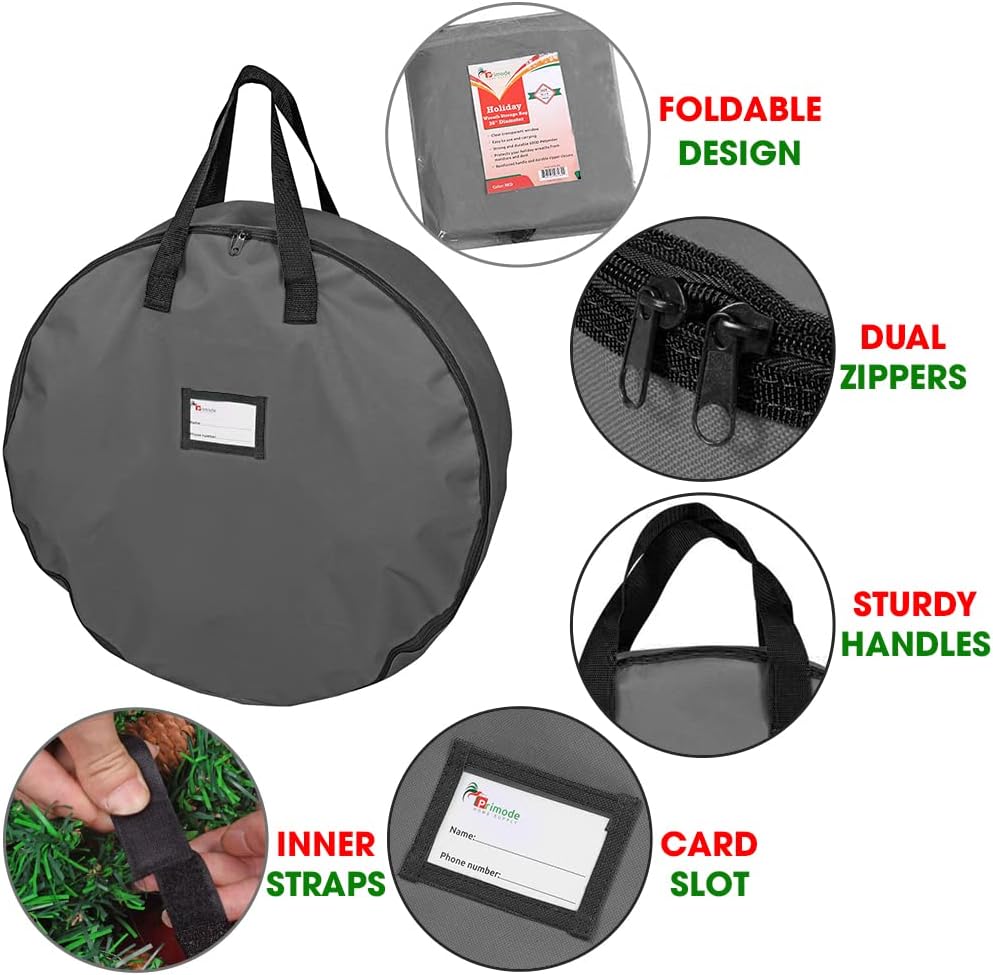 Primode Christmas Wreath Storage Bag - Heavy Duty 24" Container with Handles - Durable 600D Oxford Polyester (Gray)