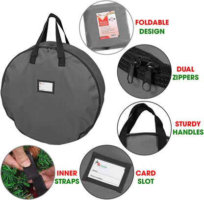 Primode Christmas Wreath Storage Bag - Heavy Duty 24" Container with Handles - Durable 600D Oxford Polyester (Gray)