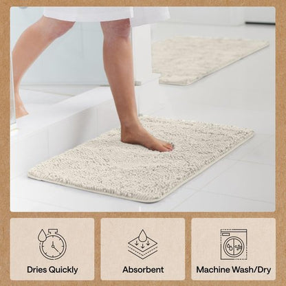 GORILLA GRIP Bath Rug Mat - Thick Soft Absorbent Chenille | Quick Dry Microfiber, 24x17, Ivory