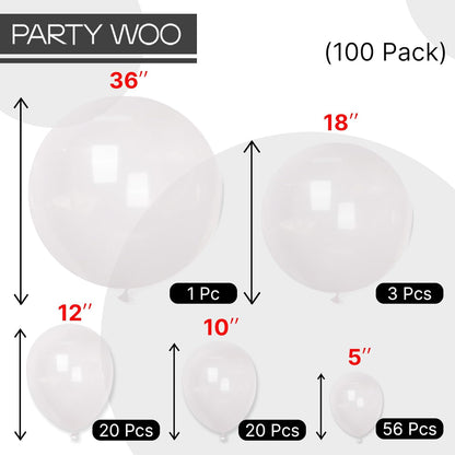 PartyWoo Clear Balloons - 100pcs Transparent Balloon Arch Kit for Weddings, Graduations & More | 5-36 Inch Sizes